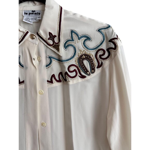 Vintage Le Pointy Paris Silk Western Shirt Cream Embroidered Horseshoe Blouse 40 - Picture 3 of 6